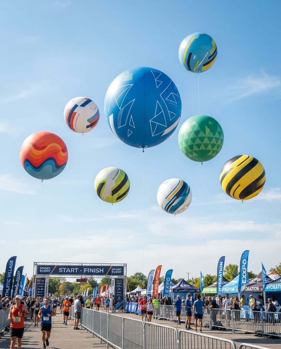 des ballons héliums latex flottant au dessus des stands