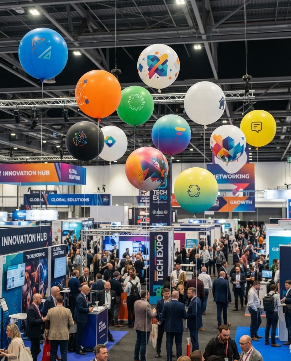 ballon hélium géant flottat au dessus d'un stand